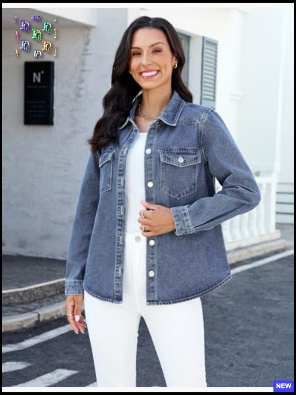 Distressed Denim Jacket Relaxed Fit Button Down Trucker Shacket Long Sleeve - Picture 4 of 7